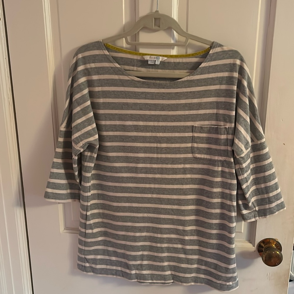 Boden Heavyweight Breton 3/4 sleeve T-Shirt grey/cream Stripe Women's Size US 8